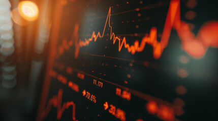 Close-up of digital screen showing downward-trending line graph symbolizing Fed rate cut, surrounded by financial charts and news headlines, key financial indicator visualization.