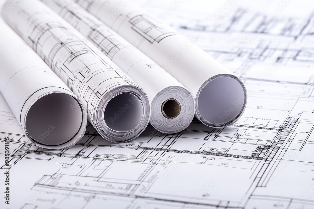 Poster Close up of rolled up blueprints on a desk.