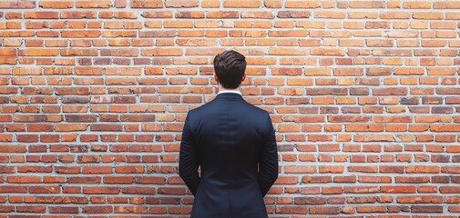 A man in a suit stands against a textured brick wall, reflecting on life and choices in a professional setting.