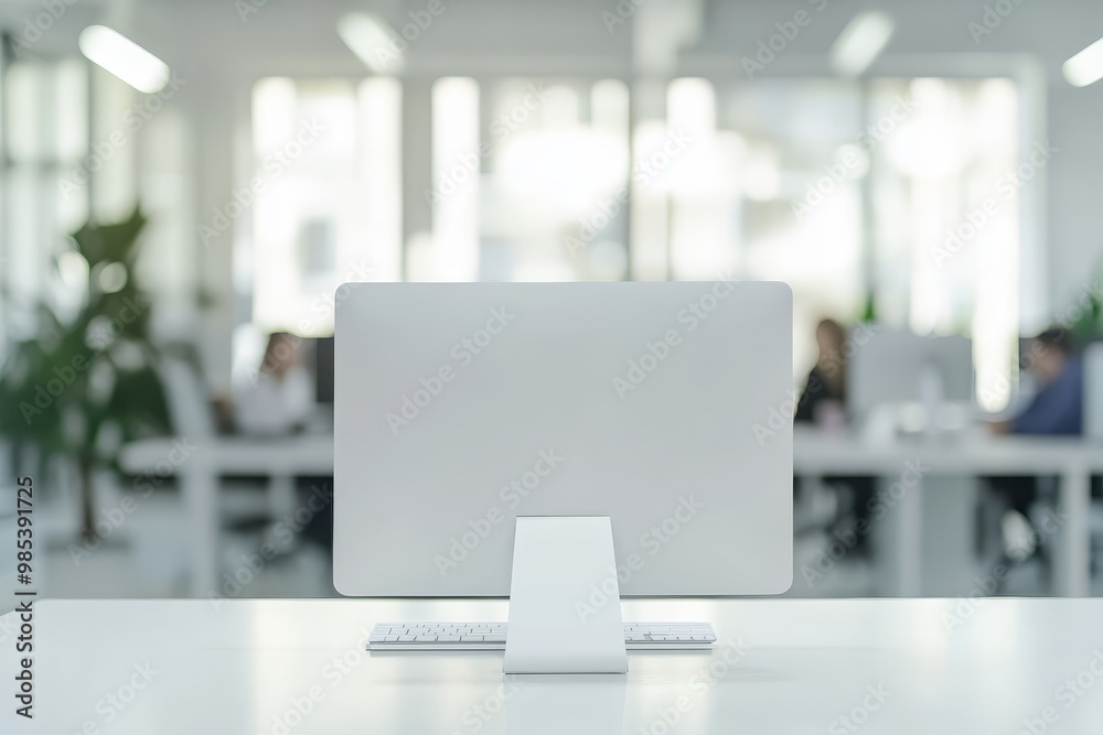 Poster a white desktop computer with a blank screen sits on a white desk in a modern office.