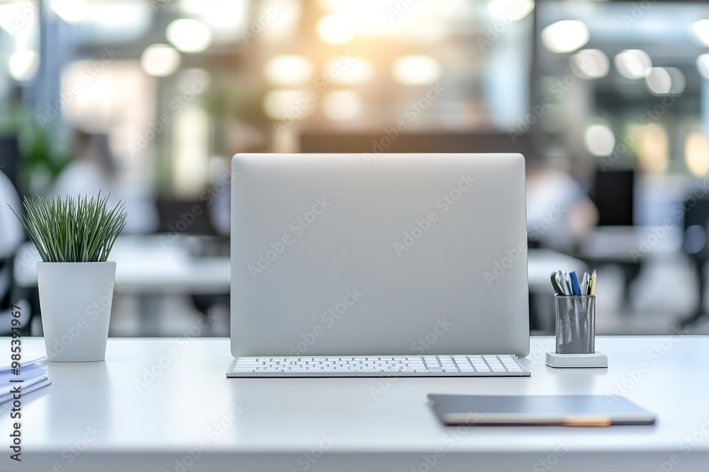 Poster close-up of a white laptop computer with a keyboard on a white desk, with a potted plant, a notepad,