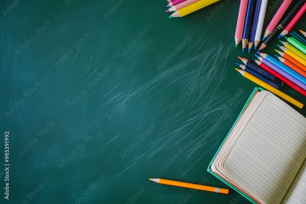 Poster blank green chalkboard with assorted colored pencils, a pen and an open notebook with lined pages.