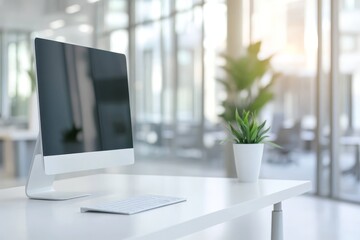 Minimalist workspace with a computer, keyboard, and plant on a white desk.