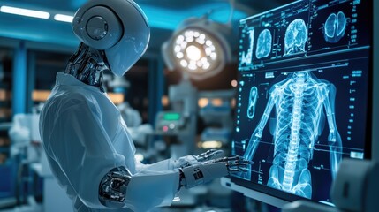 Fototapeta premium AI robot performing precise medical tasks with physician oversight in a high-tech operating environment