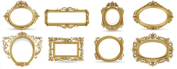 Eight ornate golden picture frames with intricate details isolated on white background.