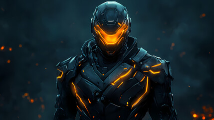 A futuristic robot figure in sleek dark metallic armor with glowing orange accents stands in a dimly lit environment and a helmet with a glowing visor. Futuristic Armor. Illustration