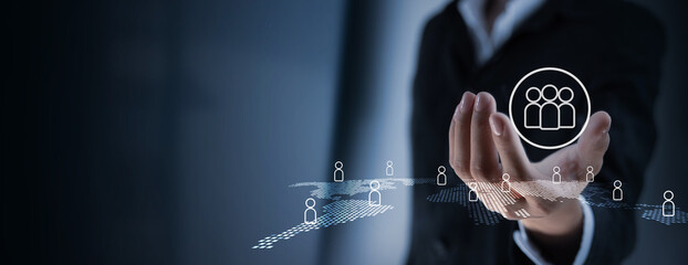CRM. Customer relationship management concept, Businessman with customer network. customer service. Human resources HR management and recruitment, outsourcing, team building