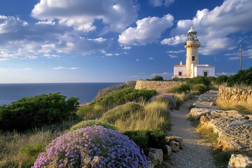 Lighthouse Far Capdepera stands tall on rocky shore in Mallorca, Balearic Islands, Spain. Ocean waves gently lap at base, flowers bloom in surrounding landscape. Sunset casts warm glow on scene,