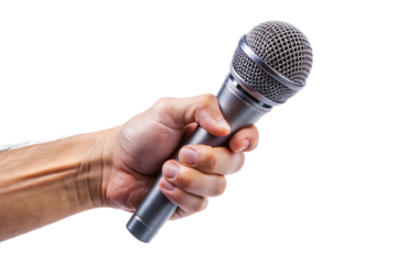 hand holding microphone isolated on a white background