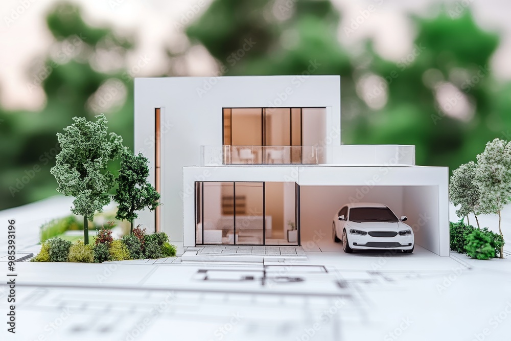 Poster a small scale model of a modern house with a garage and landscaping, sitting on top of an architectu