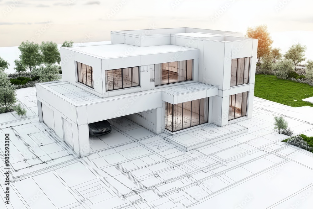 Poster modern house sketch with a car in the garage, shown on a blueprint with surrounding greenery.