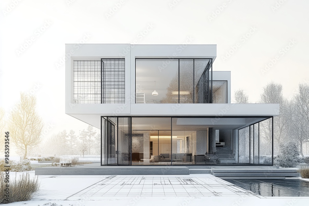Fototapete modern house with large windows overlooking a pool and a blueprint in the foreground.