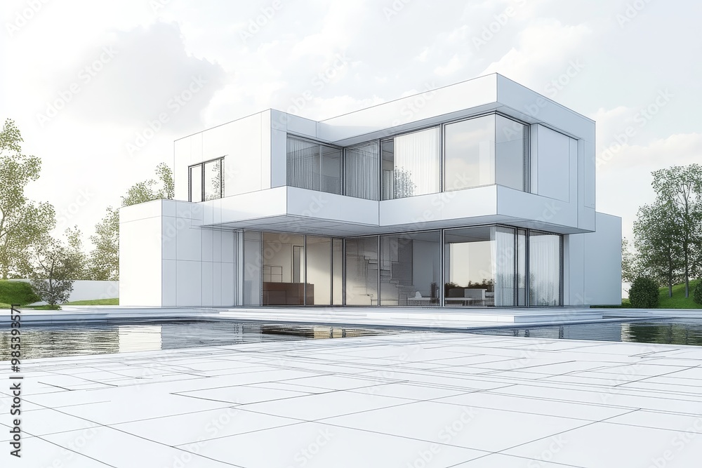Aufkleber Modern house with a pool in the backyard, represented in architectural sketch with black lines on a white background.
