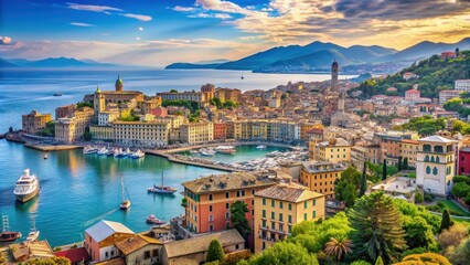 Obraz premium Panoramic view of the beautiful Bay of Genoa, Italy , Genoa, Liguria, Mediterranean Sea, coastline, harbor