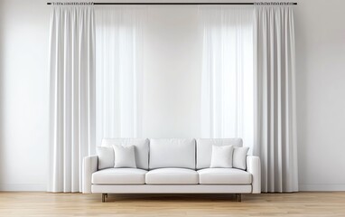 A modern white sofa with plush cushions and elegant curtains, perfect for stylish interior decor and bright living spaces.