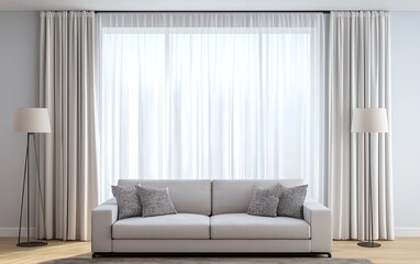 Modern living room featuring a stylish gray sofa, elegant curtains, and soft lighting for a cozy atmosphere.
