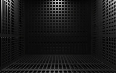 Abstract black metal grid background with a square shape and perspective.