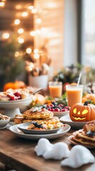 A cozy Halloween family breakfast featuring jack-o-lantern pancakes ghost-shaped waffles