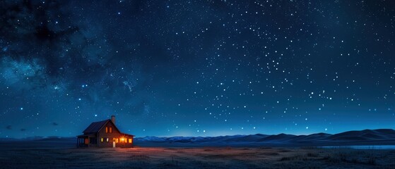 Fototapeta premium Serene Night Sky Over a Cozy Mountain Cabin
