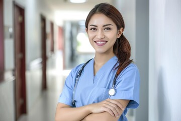 Confident nurse standing in a hospital corridor with stethoscope