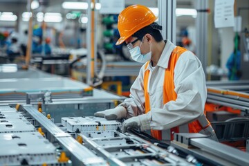 Chinese engineer working on EV battery in a factory environment