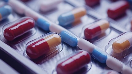 Macro view of pharmaceutical capsules and tablets in a pill box, reflecting healthcare routines and medication adherence.