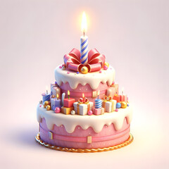 pink birthday cake Burning candle isolated on white background