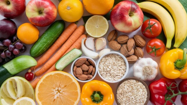 White background featuring fresh fruits, vegetables, nuts, and grains for a balanced diet