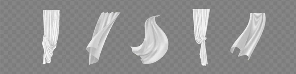 Set of realistic fluttering white cloths, soft lightweight clear material isolated on transparent background vector illustration