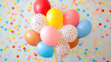 Playful and colorful backdrop with an array of balloons in fun shapes and patterns, set against a cheerful, confetti-filled background