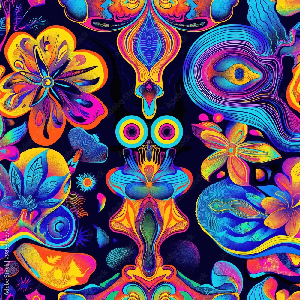 Poster Psychedelic abstract design with intricate shapes and colors. Seamless pattern for backgrounds, wallpapers, and graphics. Vibrant hues and swirling textures create a trippy effect.