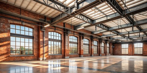 Industrial building interior with exposed brick walls, metal beams, and large windows , warehouse, factory