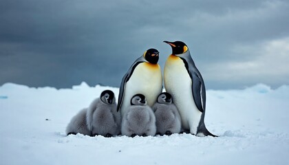 Fototapeta premium Emperor penguins standing together with chicks on snowy landscape, showcasing family bonding in harsh arctic environment