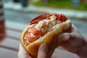 Fresh lobster roll in bread in a person hand, close-up. Juicy lobster meat, soft bun, savory flavors. Appetizing seafood dish, meal, dinner, lunch, healthy food.