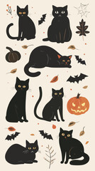 Flat lay design Hand drawn halloween black cats collection, Halloween elements, Happy Halloween