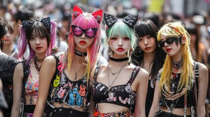 A fashion-forward crowd in Tokyo's Harajuku district, showcasing avant-garde and eccentric styles that push the boundaries of fashion