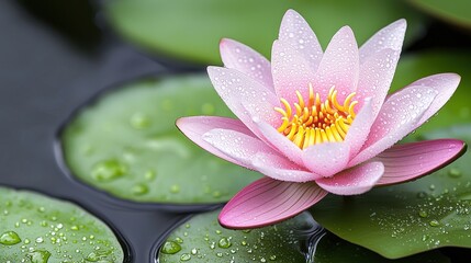 Beautiful pink lotus flower with raindrops on leaves