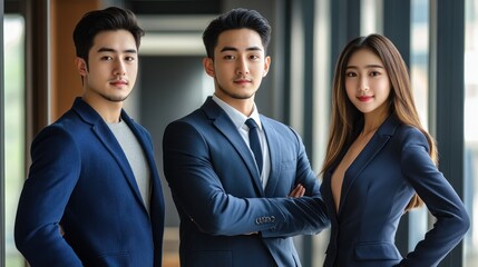 Three men and a woman are posing for a photo in suits