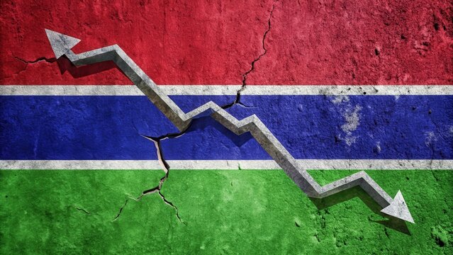 Gambia flag on cracked wall with falling arrow, symbolizing decrease in the country, Gambia, flag, cracked wall, arrow, decrease