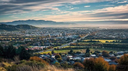 Panoramic view of Christchurch city in New Zealand. Cityscape features mix of modern, historic buildings. Sky painted with hues of orange, pink during sunset. Christchurch cityscape popular