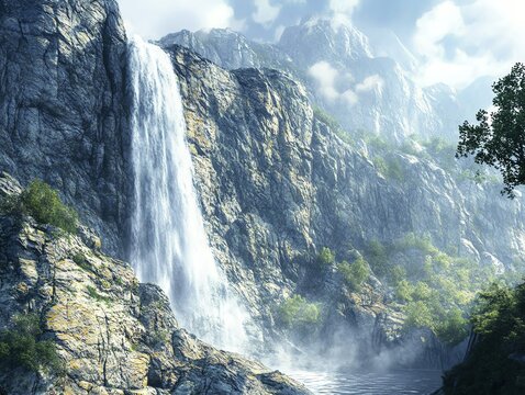 Majestic waterfall in mountainous landscape