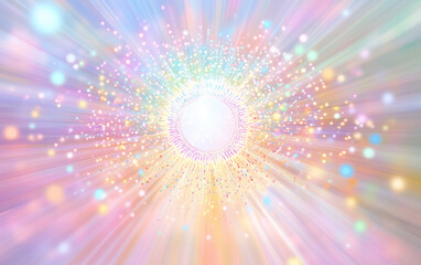 A white crystal-shaped mirror sits at the center, with a radiant rainbow mandala of life symbolism behind it. Swirling patterns emanate from the mirror, surrounded by many colorful light dots