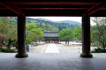 Gimje-si, Jeollabuk-do, South Korea - May 17, 2018: Bojeru Pavilion with the background of Cheonwangmun Gate at Geumsansa Temple