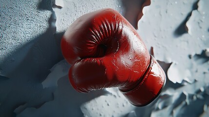 Fototapeta premium Close-up of a red boxing glove against a blurred background of golden rays. Copy space
