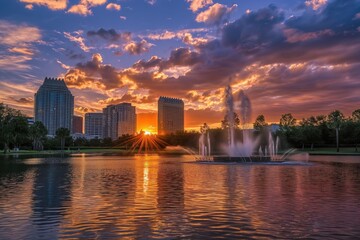 Fototapeta premium Orlando cityscape at sunset. Downtown Florida skyline with Lake Eola fountain in foreground. Orange hues of evening sky reflect off skyscrapers. Urban landscape of business district.