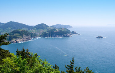 Aerial view of coast rocks of Yokjido Island at Hallyeohaesang National Park near Tongyeong-si, South Korea