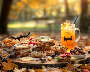 A family Halloween picnic with spooky sandwiches bat-shaped cookies