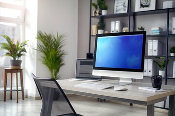 Fototapeta premium Modern office interior with computer on table. Stylish workplace with simple white space, blank walls, wooden furniture. Armchair, lamp, houseplant add to pro decor. Professional workspace with