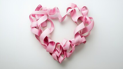 Breast cancer awareness concept illustrated by a top view pink ribbon on white backdrop with copy space image