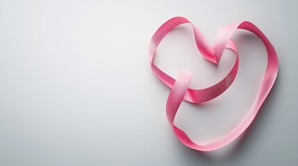 Breast cancer awareness concept illustrated by a top view pink ribbon on white backdrop with copy space image